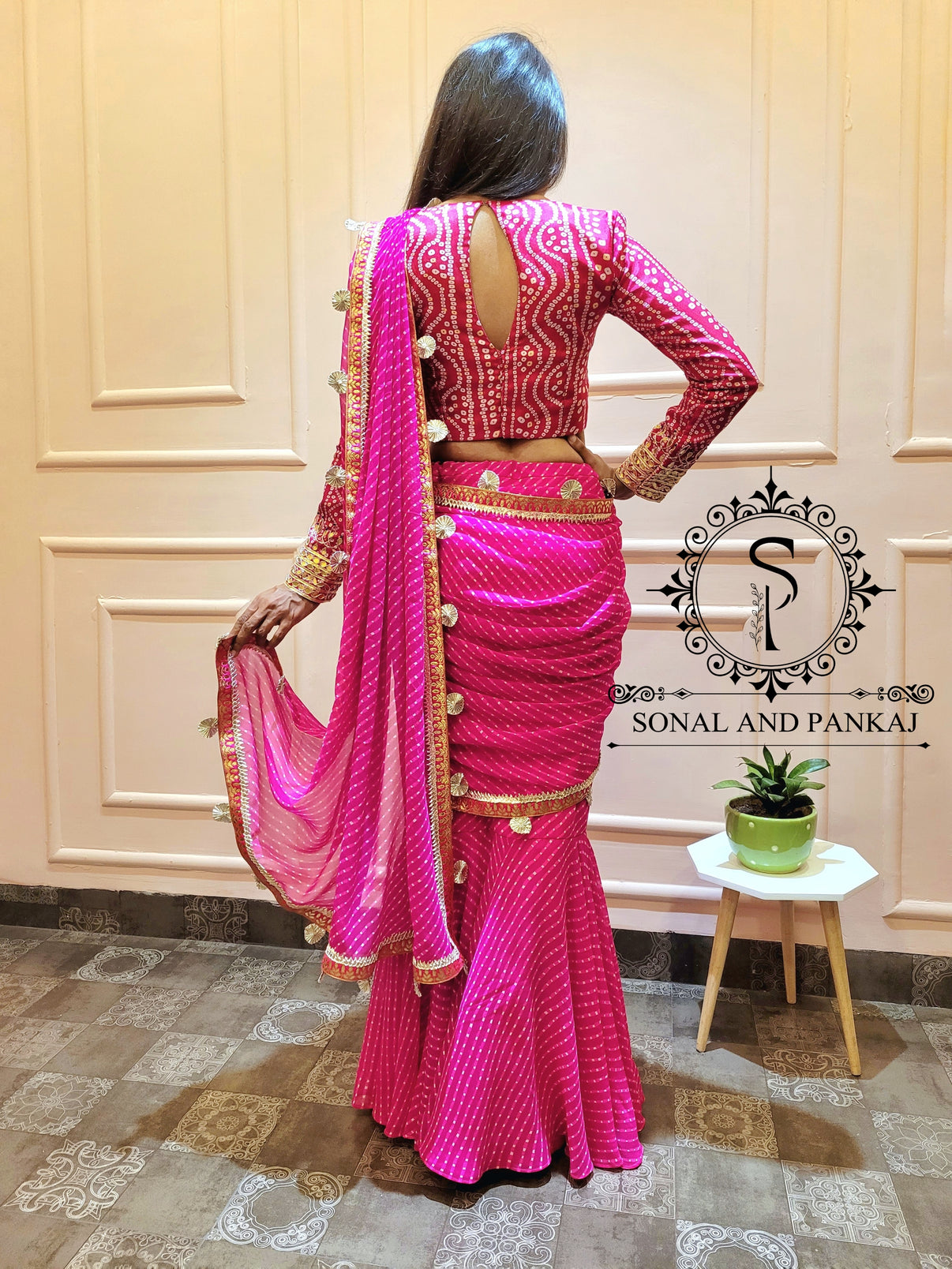 Ready To Wear Hot Pink Moothra Print Saree With Hand Embroidered Blous ...