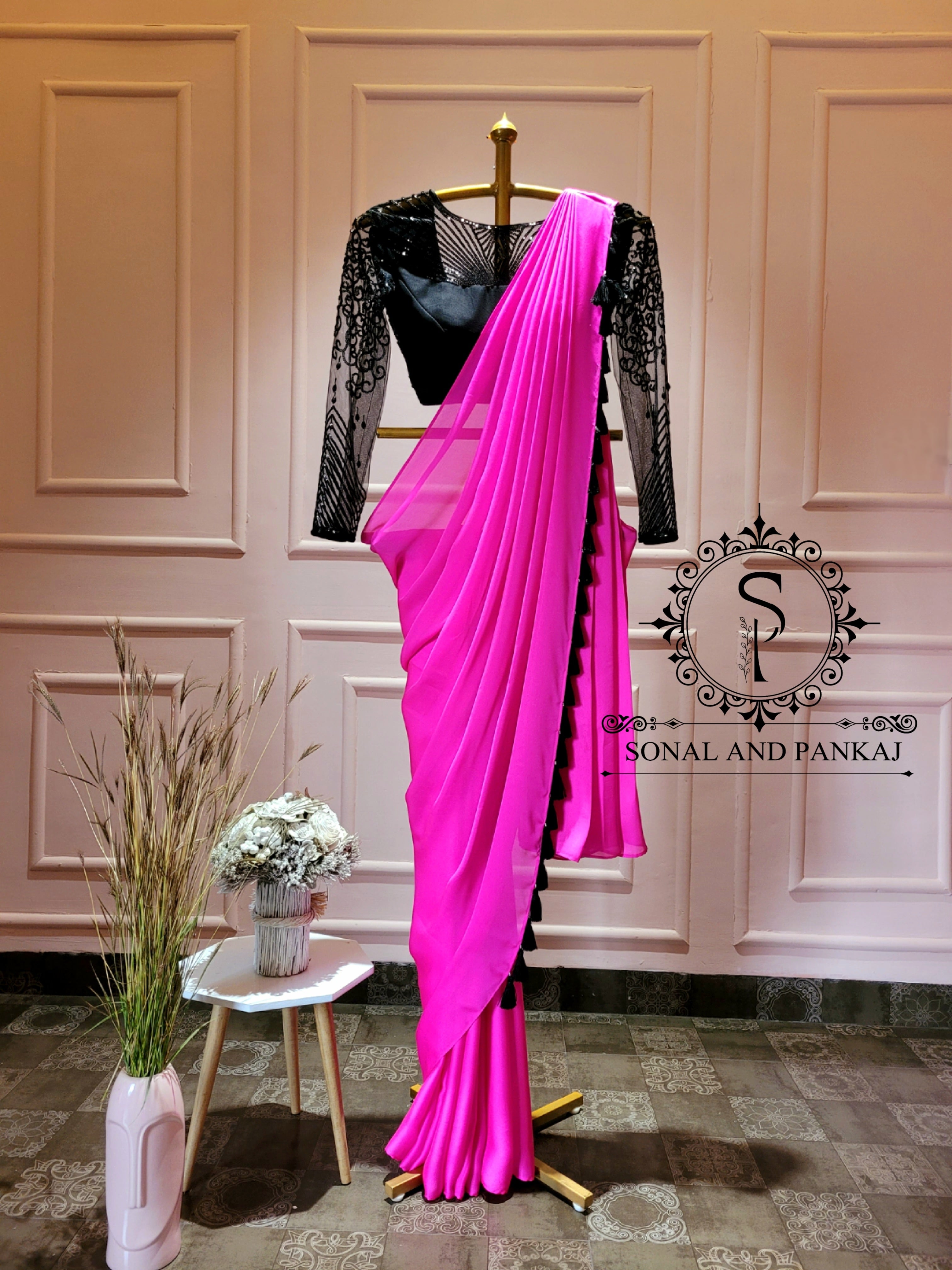Pink Embroidered Pre-Stitched Saree In Lycra 4297SR05