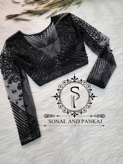 Black Hand Embroidered Blouse With Saree - SA00942