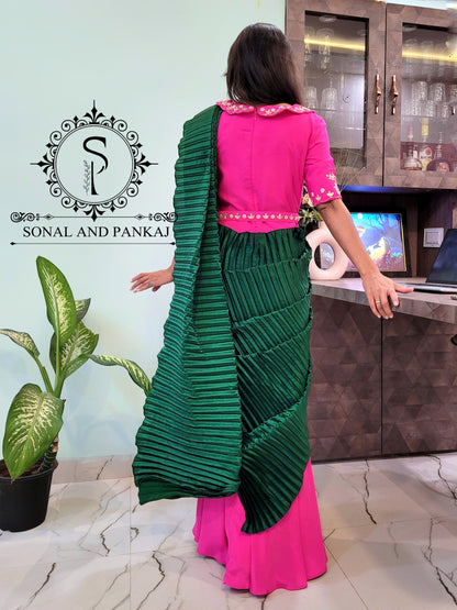 Sari de robe Pallu écrasé prêt-à-porter rose vif - SA00982