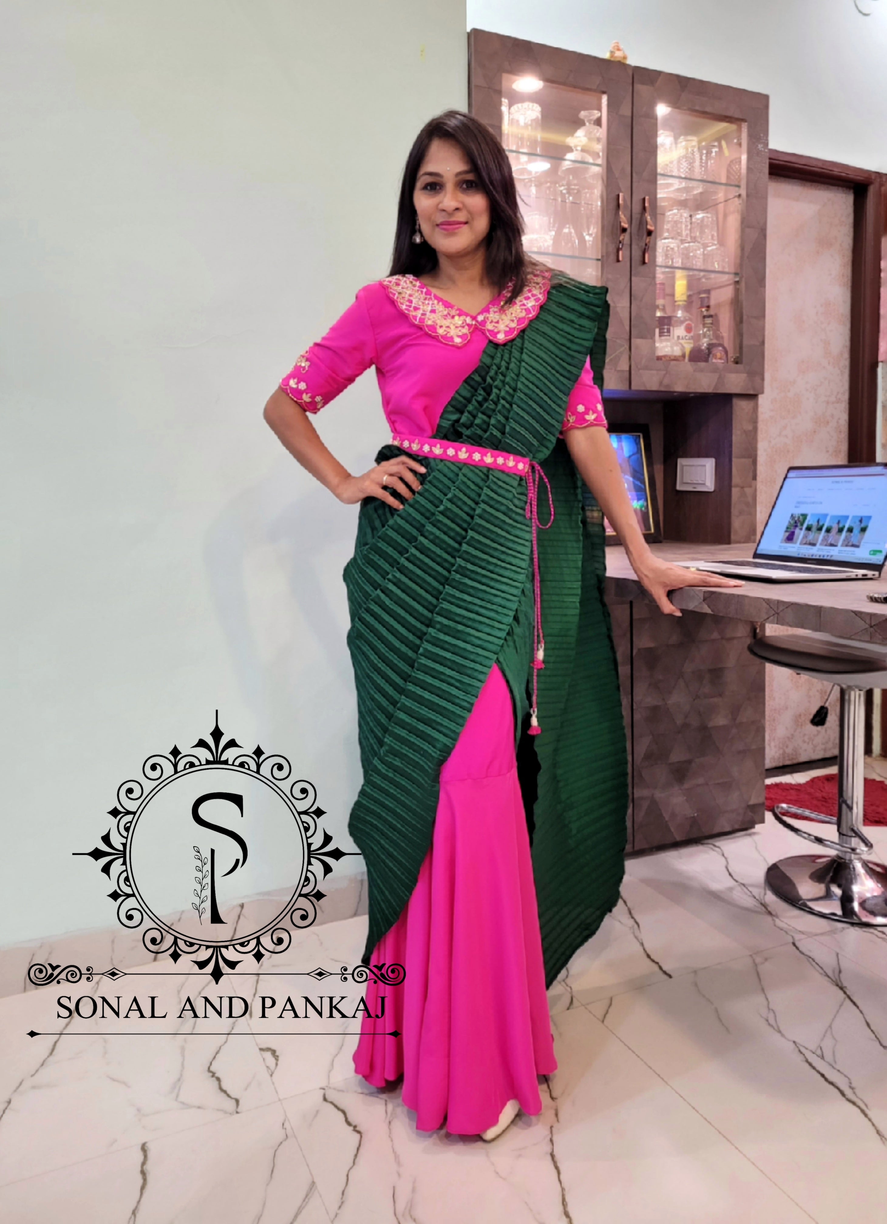 3174 Green saree gown – Shama's Collection