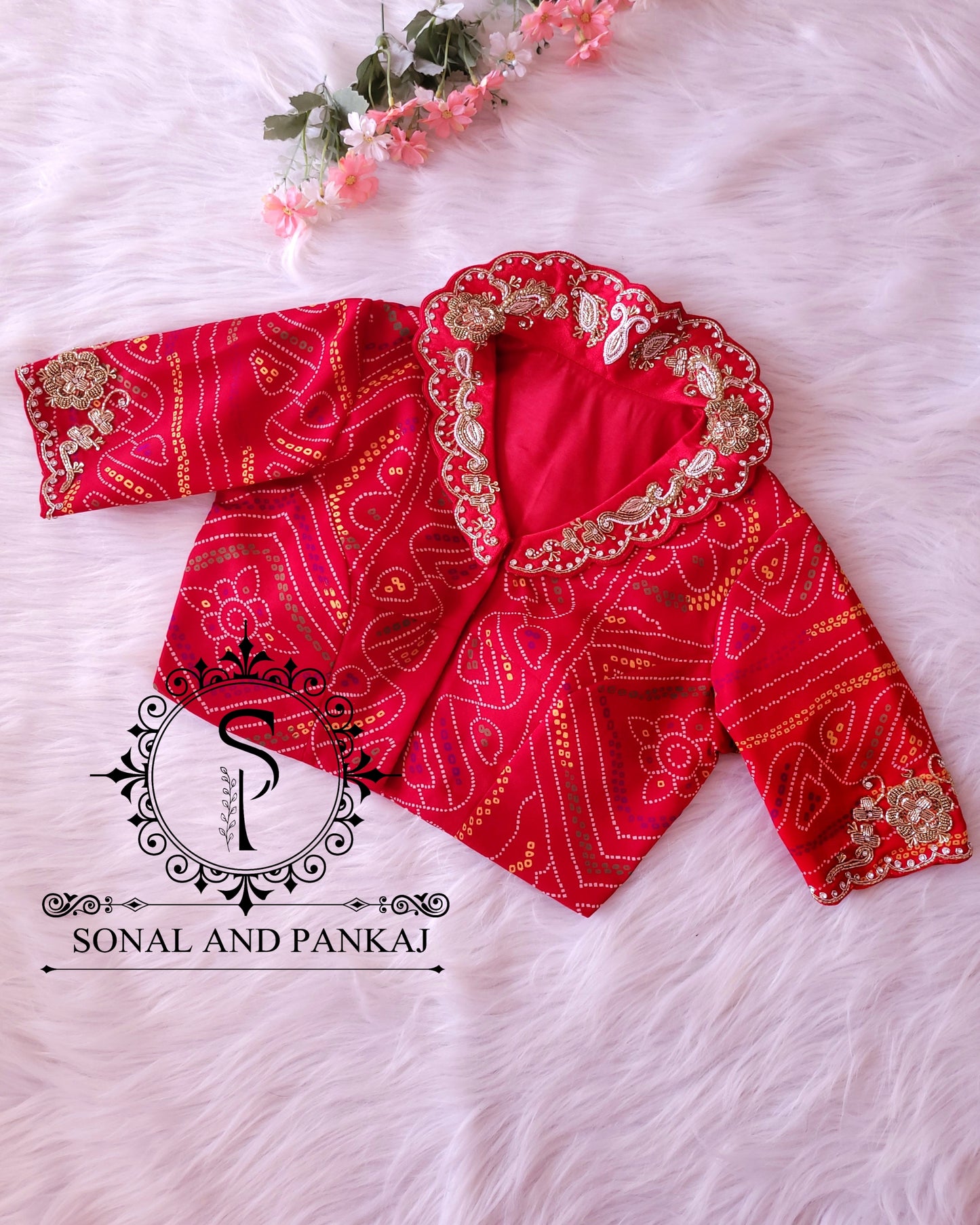 Red Bandhani Print Hand Embroidered Blouse - BL01046