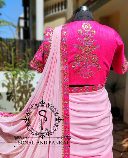 Baby Pink & Rani Pink Hand Embroidered Gotta Patti Border Saree- SA00549