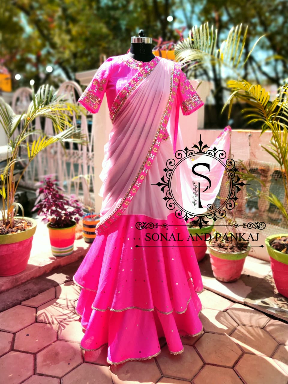 Baby Pink & Rani Pink Hand Embroidered Gotta Patti Border Saree- SA00549
