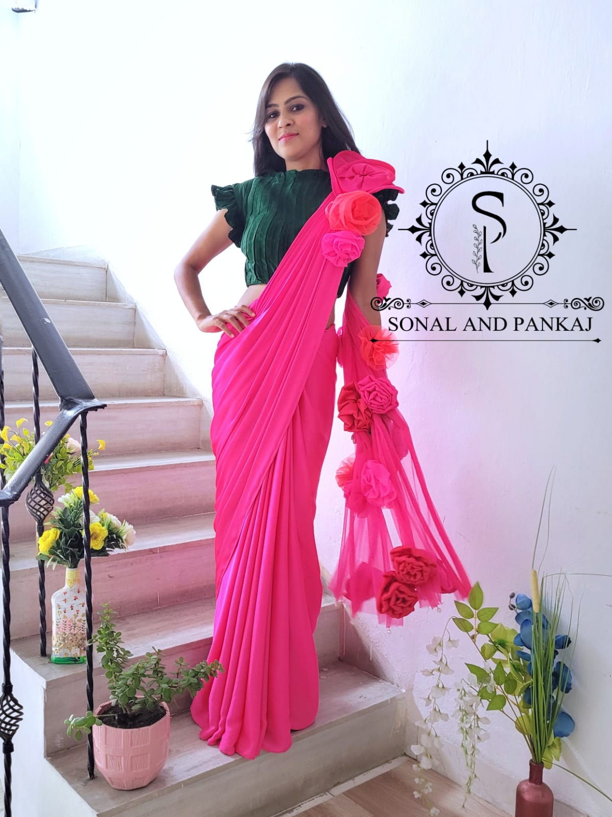 Bottle Green Crushed Blouse With Hot Pink Cocktail Saree - SA00651