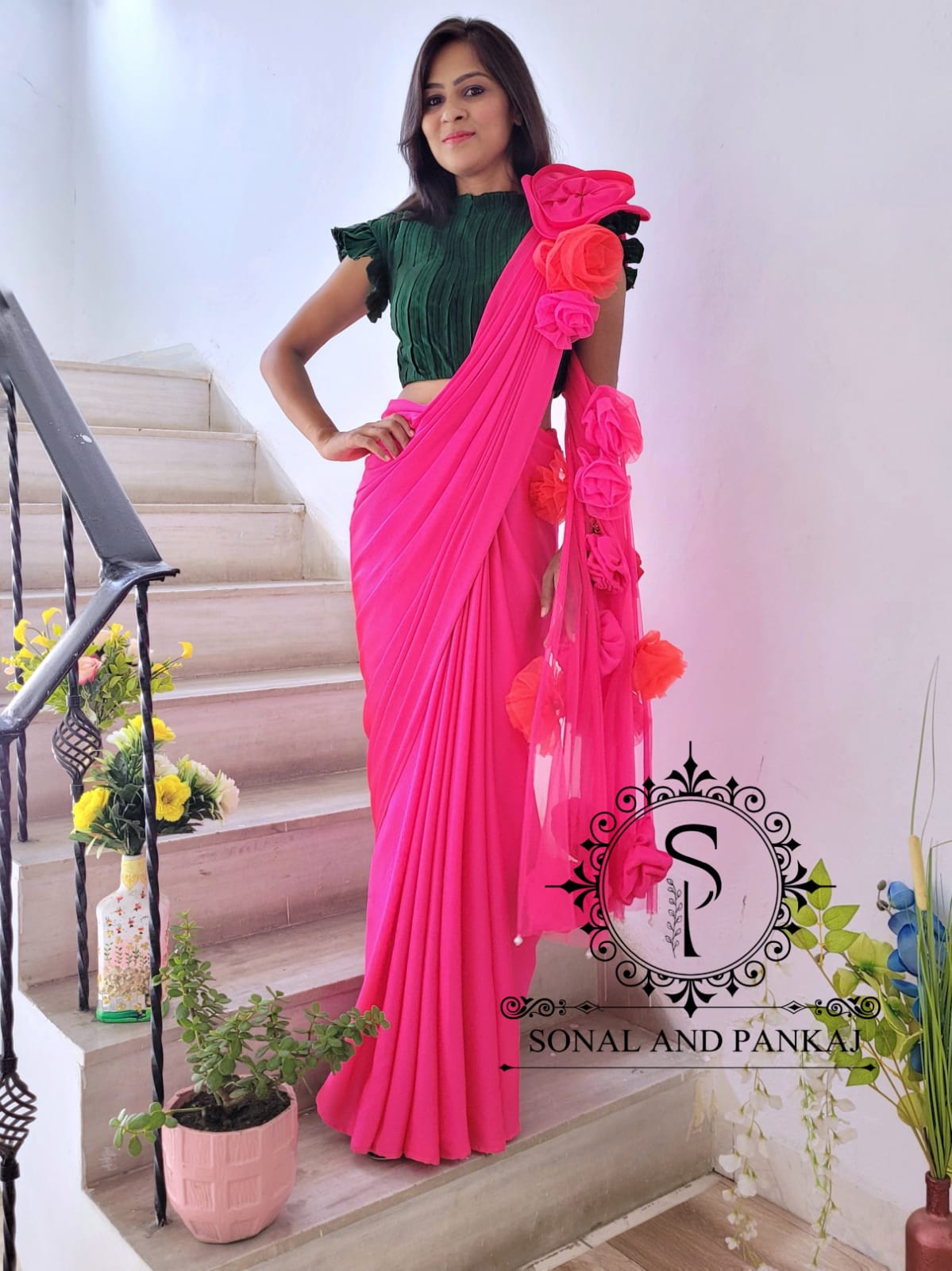 Bottle Green Crushed Blouse With Hot Pink Cocktail Saree - SA00651