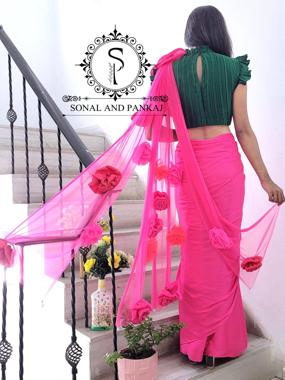 Bottle Green Crushed Blouse With Hot Pink Cocktail Saree - SA00651