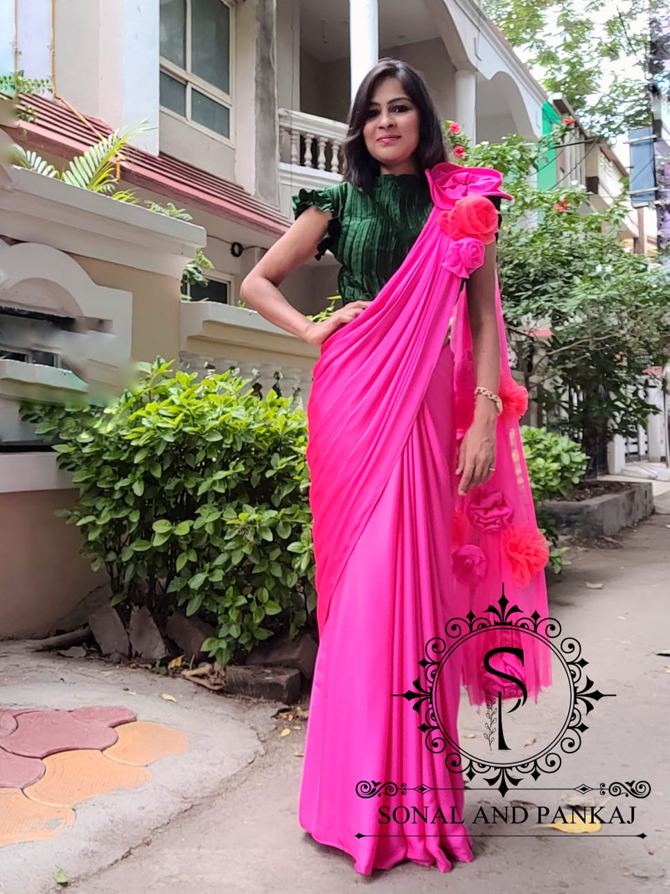 Bottle Green Crushed Blouse With Hot Pink Cocktail Saree - SA00651