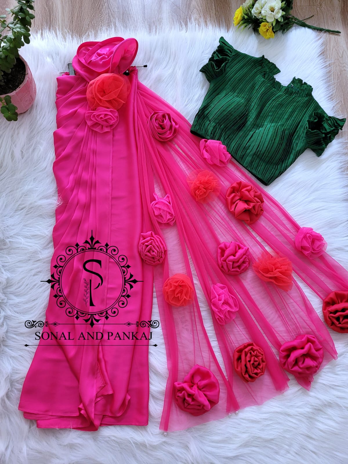 Bottle Green Crushed Blouse With Hot Pink Cocktail Saree - SA00651