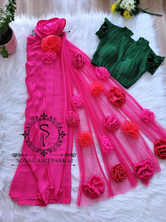 Bottle Green Pleated Blouse With Hot Pink Ready To Drape Saree - SAMPLE00651