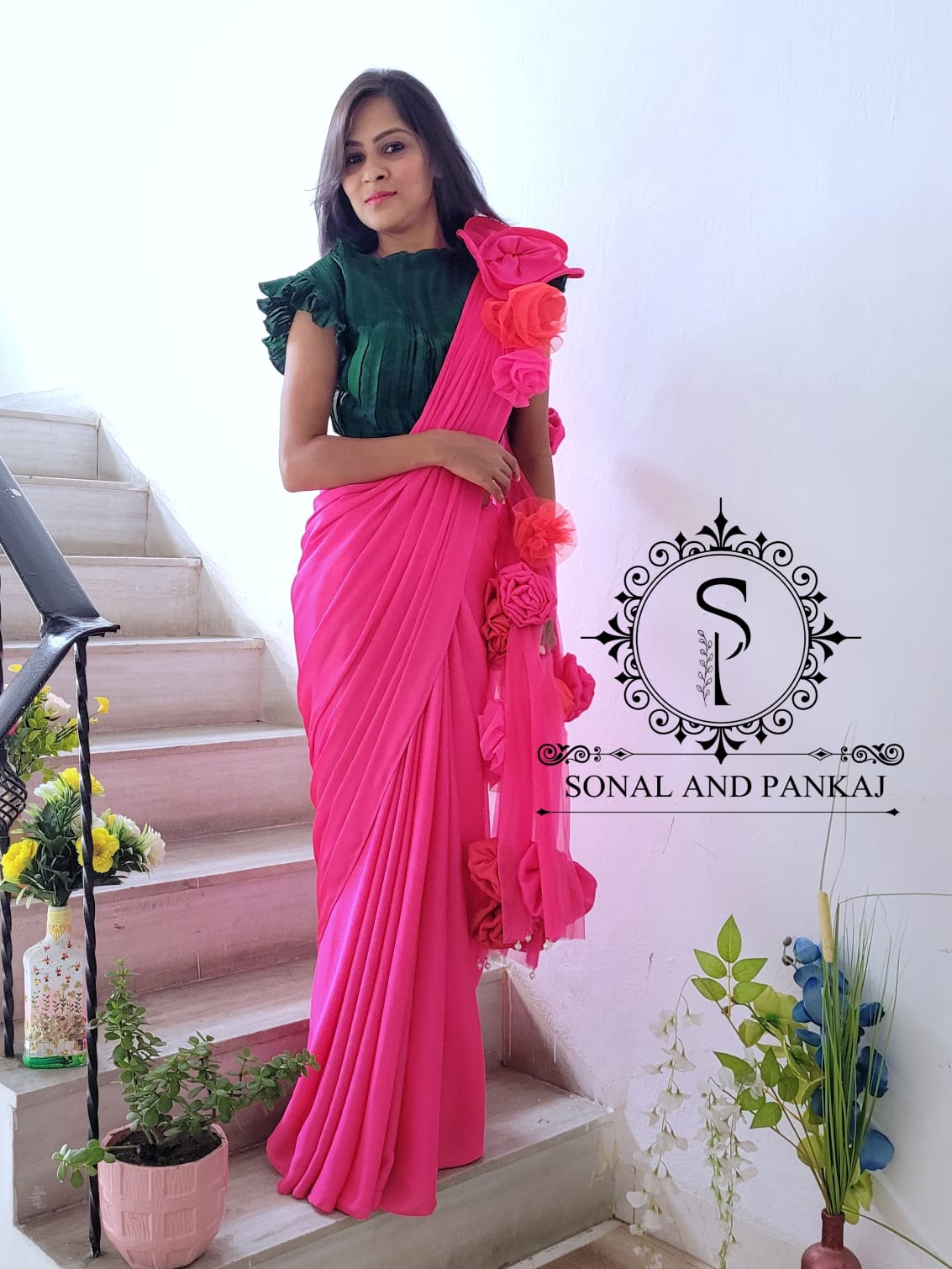 Bottle Green Crushed Blouse With Hot Pink Cocktail Saree - SA00651