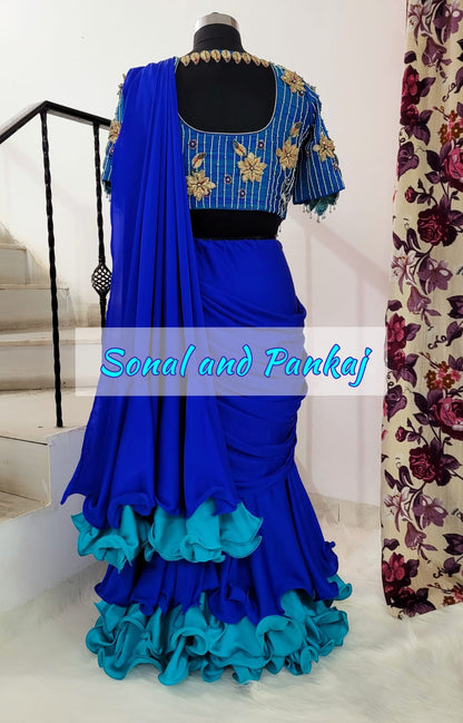 3d Peacock Embroidery Jacket Style Blouse With Ready To Wear Ruffle Saree - SA00727