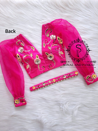Hot Pink Hand Embroidered Blouse & Belt Combo - BL000796