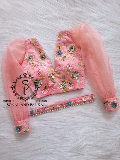 Peach Hand Embroidered Blouse & Belt Combo - BL000797