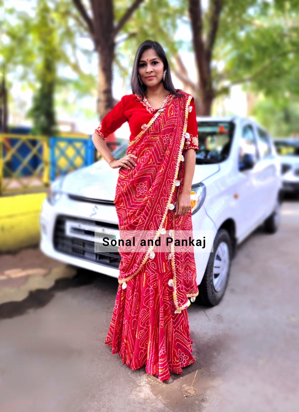 Ready To Wear Red Bandhani Print Saree With Hand Embroidered Blouse - SA00806