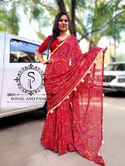 Ready To Wear Red Bandhani Print Saree With Hand Embroidered Blouse - SA00806