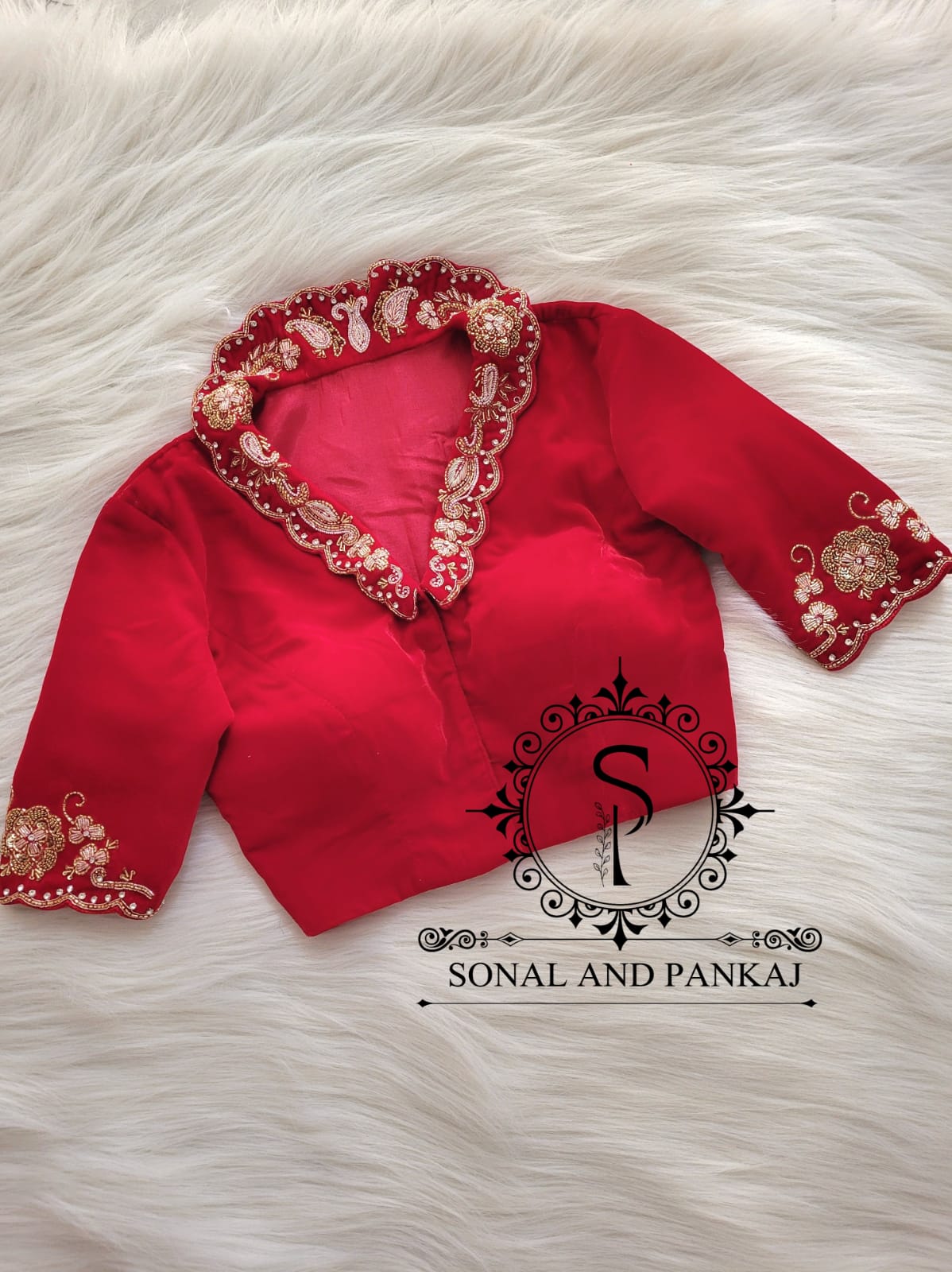 Red Velvet Hand Embroidered Blouse - BL000810