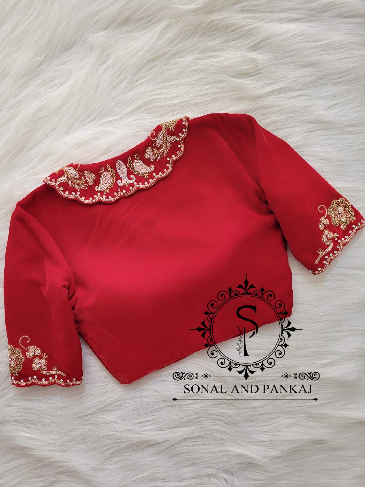 Red Velvet Hand Embroidered Blouse - BL000810