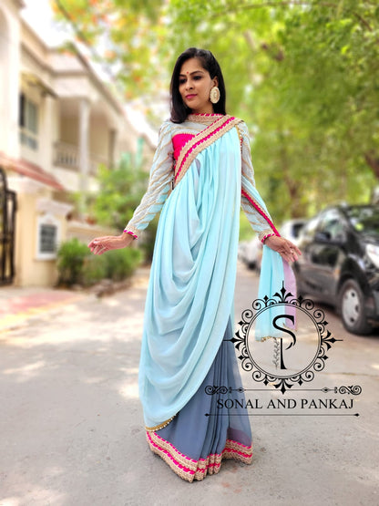 Ice Blue & Grey Cowl Saree With Stitched Designer Blouse - SA00856