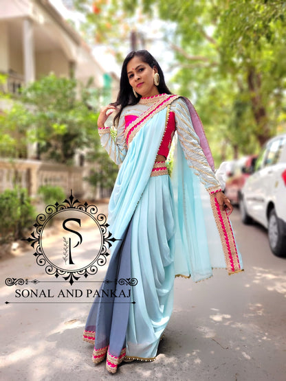 Ice Blue & Grey Cowl Saree With Stitched Designer Blouse - SA00856