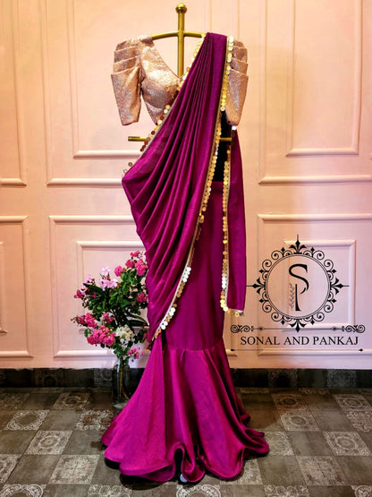 Gold Sequins Blouse With Wine Ready To Drape Saree- SA00886