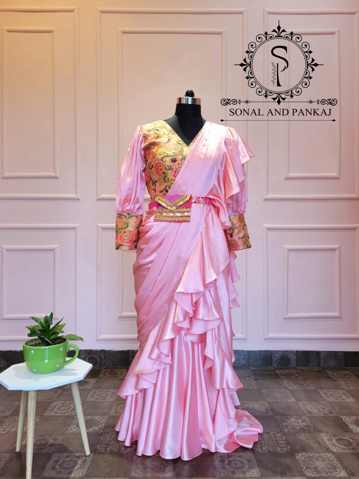 Rose pink saree gown with peplum jacket – Ricco India