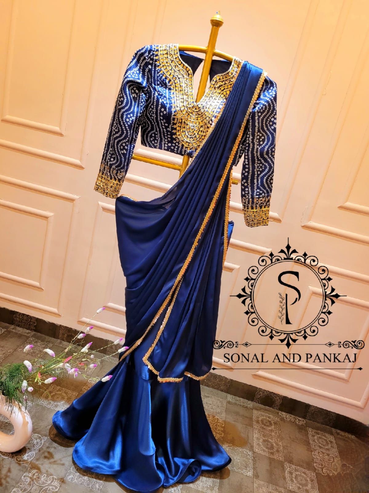 Navy Blue Shaded Bandhani Saree on Pure Chiffon – Naina Jain