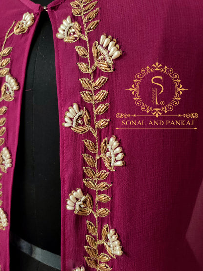 Hand Embroidered Wine Jacket Saree - SA00498