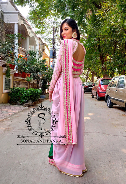 Baby Pink & Bottle Green Cowl Saree With Stitched Designer Blouse - SA00531