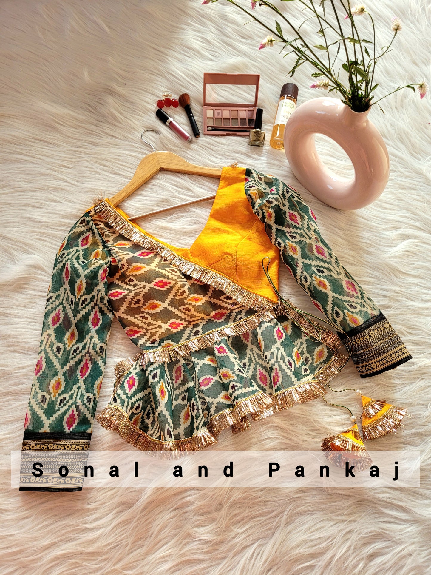 Chemisier de créateur imprimé Ikkat avec sari vert fougère - SA00944